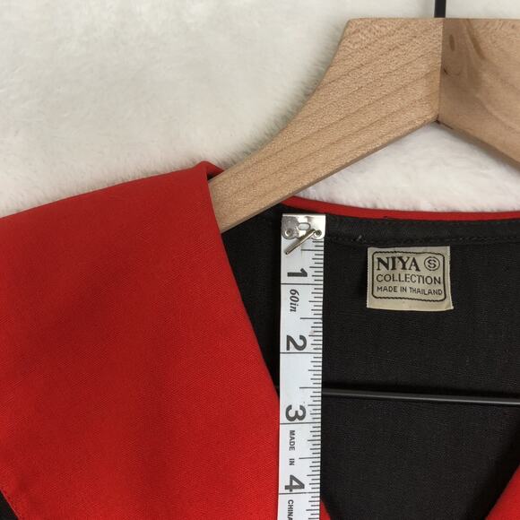 VTG NAYA 1980s Drop Waist Midi Dress Sz S Black Red 100% Cotton Button Pockets - Picture 5 of 12